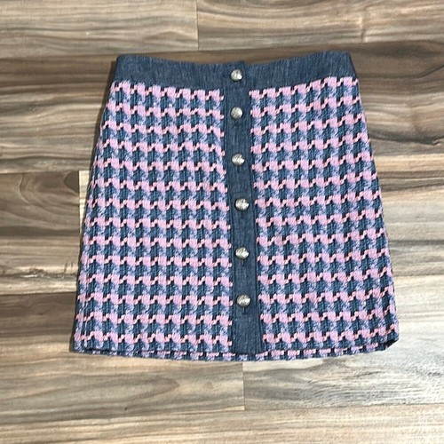 Talbots Petite Women’s 4 Petite Denim Trim Basket Tweed Skirt Blue Pink Button