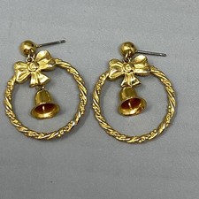 Holiday Dangle Drop Earrings Bell Bow Wreath Gold Tone Pierced Christmas Hoop 1"