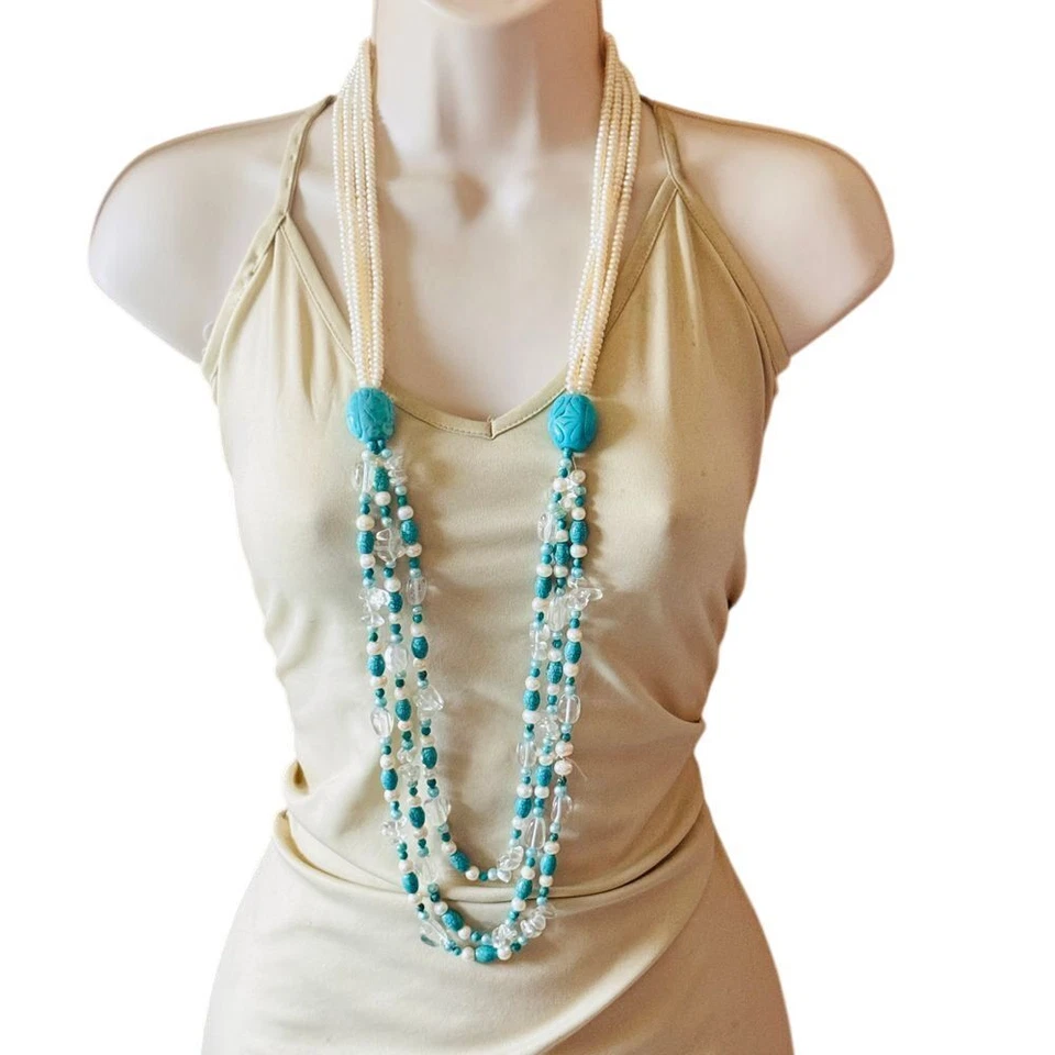VTG Turquoise Freshwater Pearl Necklace Genuine Natural Quartz Beaded Rare long