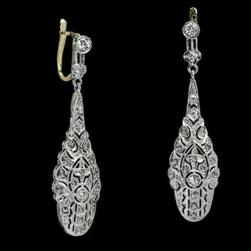 Orecchini pendenti/goccia zirconi rotondi antichi Art Deco 1,30 CT in argento sterling 925 - Foto 2 di 3
