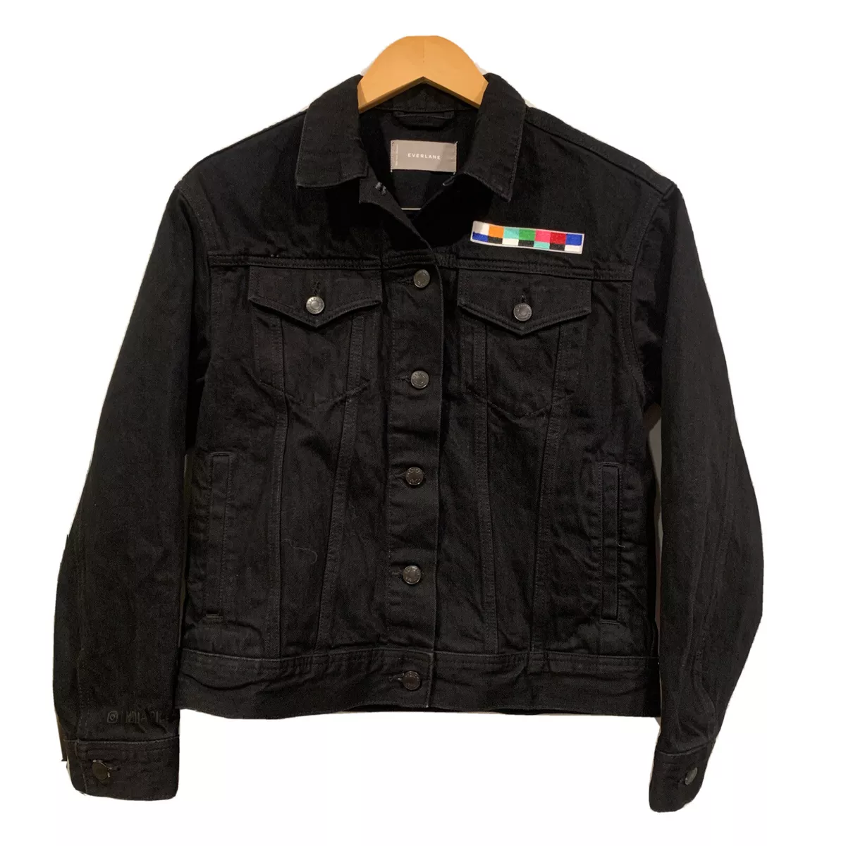 Everlane Black Denim Jacket Size Small Embroidered Patch Full