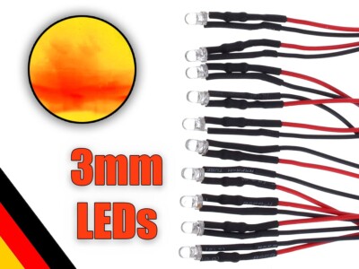 10, 25 oder 50 Stück 3mm LED ORANGE blinkend mit 20cm Kabel 12V DC +Widerstand