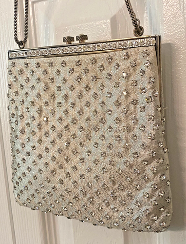 VINTAGE Purse w/Crystal Rhinestones & Silver Kiss Lock Clasp Handbag Wristlet - Picture 2 of 7