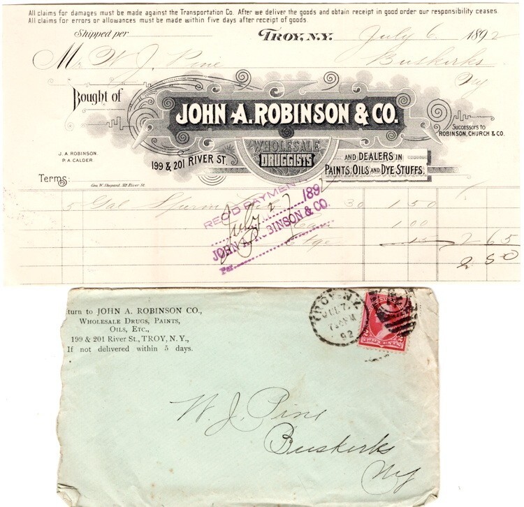 John A Robinson & Co., Druggists, Troy, NY Billhead & Envelope July 6 & 7, 1892