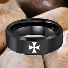 8MM Beveled Matte Tungsten Carbide Ring Band Leser Engrave Maltese Cross Ring