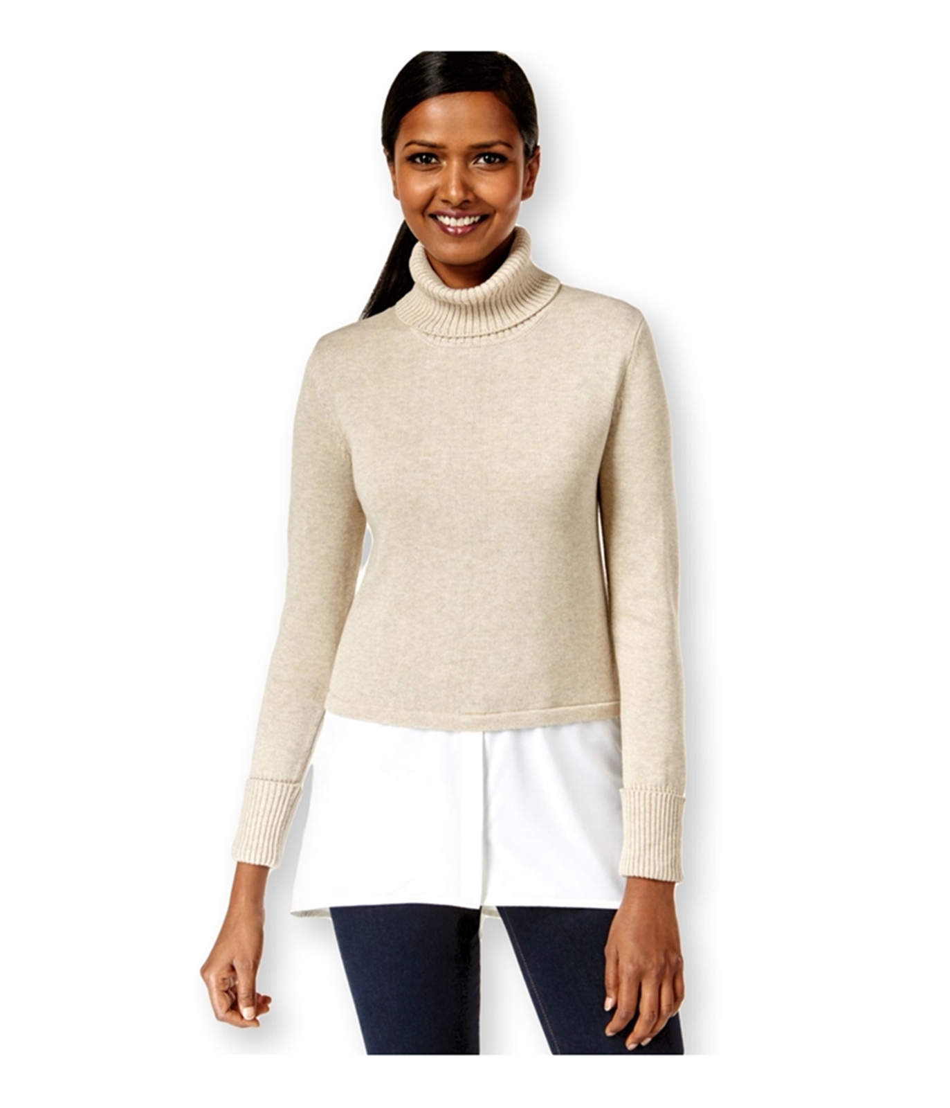 Turtleneck Pullover Sweater, Beige 