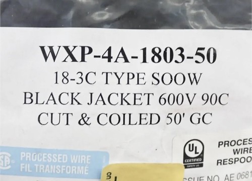50' Multi-Conductor Black Cable, STR, 18/3C Carol SOOW WXP-4A-1803 - Picture 4 of 6
