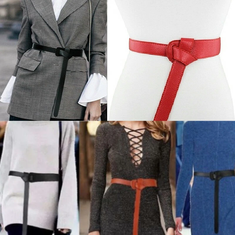 Women Genuine Leather Belt Wrap Around Self Tie Sash Obi Waist Cinch Dress Decor - Image 2 of 4