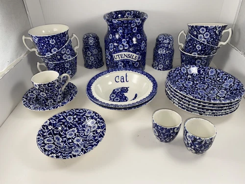 Burleigh Staffordshire Vintage Calico Blue White Collection - Lot of 21 Pieces