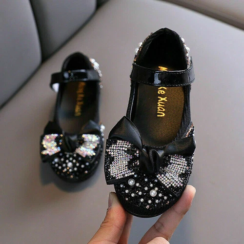 Children Leather Shoes Girls Party Dance Flats KidShoes Rhinestone Bow Princess* - Picture 5 of 18