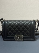 Chanel Small Boy Flap Black Quilted Caviar Leather Silver HW Shoulder Bag Auth