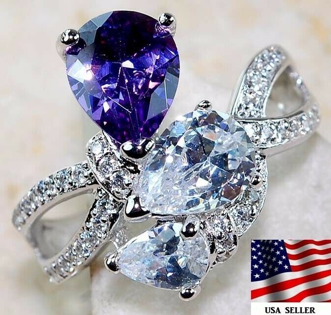 3CT Amethyst 925 Solid Sterling Silver Ring Sz 6 &5-8