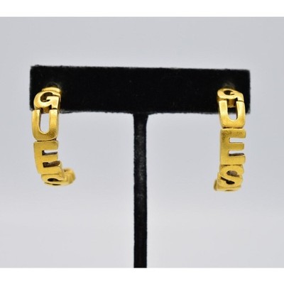GUESS Vintage Logo Hoop Earrings Brushed Matte Gold Letters Chunky 1990s BinW