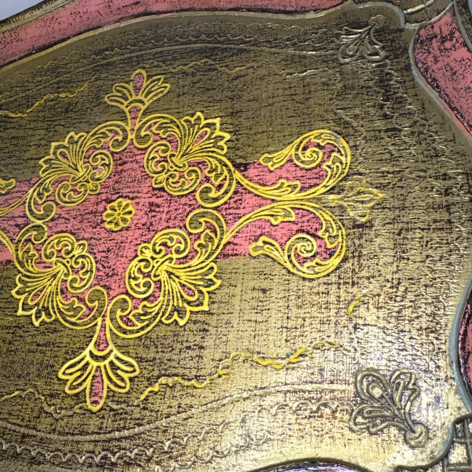 Bandeja de madera vintage tradicional florentina Italia pintada a mano de oro rosa rosa Foto 2 de 4