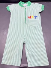 Vintage Carters Green Striped Romper With Embroidered Tools Size 12 Months