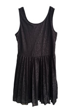 Women Black Lace Overlay Dress Sleeveless Pleated Lined Fit Flare USA Size Large