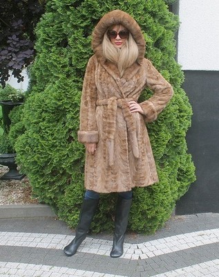 Pelzmantel Echtpelz Nerz 100% Real Ranch Mink Coat Hood Trench Outwear L