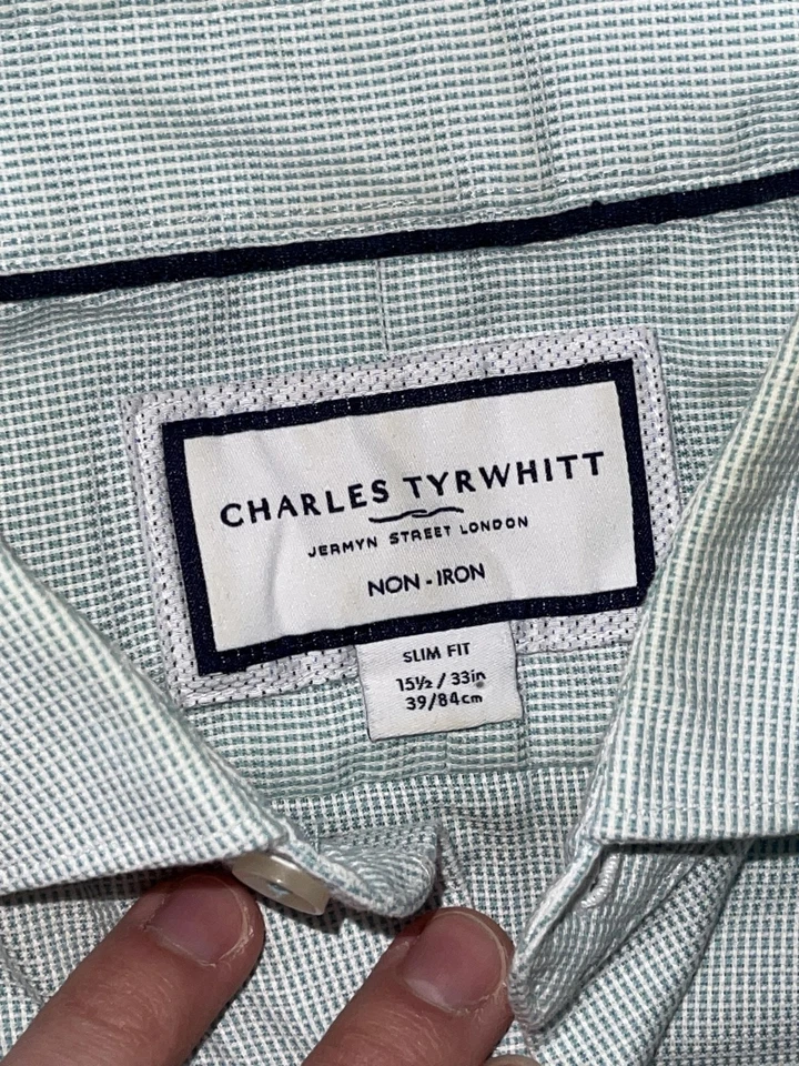 Charles Tyrwhitt Shirt Mens 15.5/33 Green White Non-Iron Slim Fit Button Front - Image 2 of 4