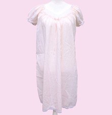 Vintage 80s Miss Elaine Nightgown Pink Stripe Lace Union Made USA Puff Sleeve S