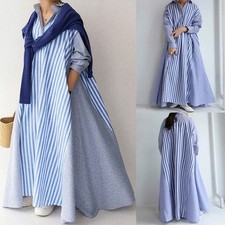 Plus Size Women Lapel Collar Long Sleeve Striped Shirt Dress Casual Loose Dress