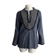 Tory Burch Tunic Blouse Top Sz 8 Med Embroidered Blue Chambray Geometric Cotton