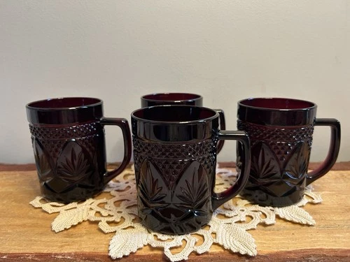 Vtg, Cristal d' Arques Durand, France, Ruby Red Glass, Coffee Cup. Set of 4