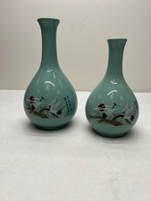 Pair of Vintage Sam Sung Blue Ceramic Vases With Crane Design