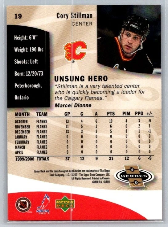 2000-01 Upper Deck Heroes #19 Cory Stillman Calgary Flames - Image 2 of 2