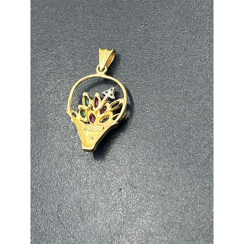 Yellow Gold Vtg 14K Sapphire Diamond Ruby Emerald Flower Bouquet Basket Pendant - Picture 10 of 12