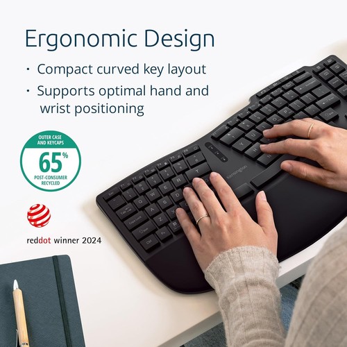 Kensington Pro Fit Ergo Wireless Keyboard KB675, Ergonomic, Black - Picture 2 of 6
