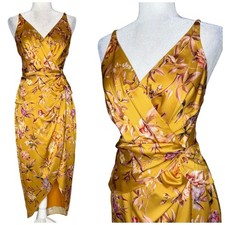 NWOT Express Satin Mustard Yellow Floral Bird Twist Front Tulip Midi Dress Small
