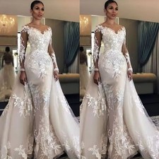 Vintage Mermaid Wedding Dress With Detachable Train Lace Appique Long Sleeves