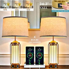 24.2" FARMHOUSE GOLD TABLE LAMPS SET OF 2 LED NIGHT LIGHT USB PORTS DUAL SWITCH