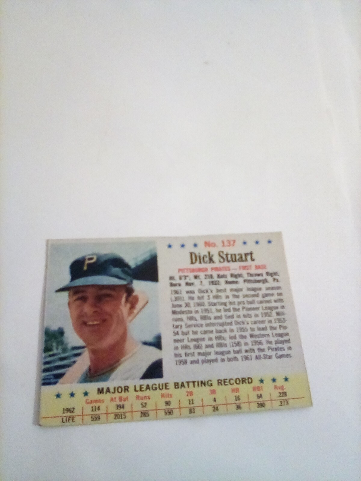 1963 POST CEREAL #137 DICK STUART PITTSBURGH PIRATES FREE SHIPPING
