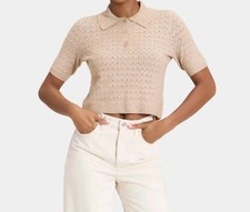 Women's Short Sleeve Collared Neck Pullover Sweater - Universal Thread Tan XS