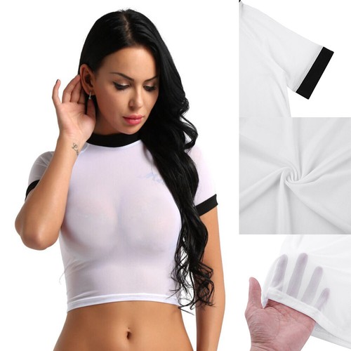 Women's See Through Sheer Mesh Slim Crop Top Casual Sexy T-Shirt Sexy Blouse - Picture 6 of 25