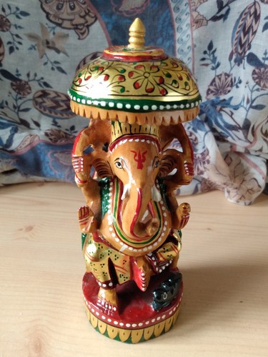 VINTAGE INDIA HANDPAINTED WOODEN GANESHA ELEPHANT HINDU GOD STATUE - Picture 13 of 15
