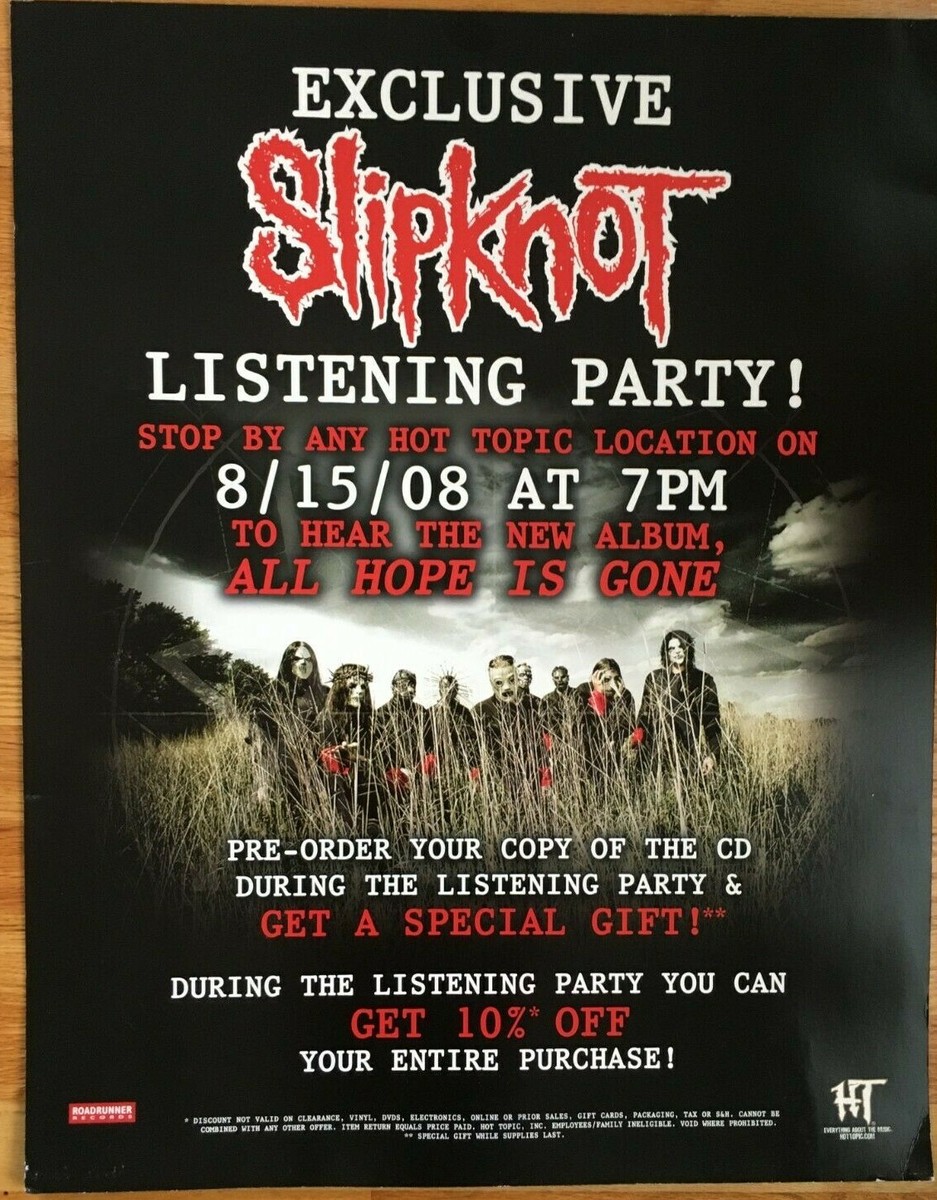 SLIPKNOT, Listening Party 8/15/08 2sided cardstock poster ALL HOPE 