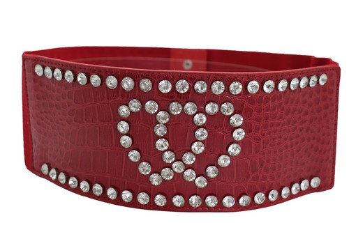 Women Red Elastic Wide Belt Hip High Waist Silver Heart Love Friendship Size S M - Picture 15 of 23