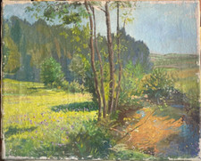 Oil Painting View Of Forest Landscape With Trees And Meadows In Valley
