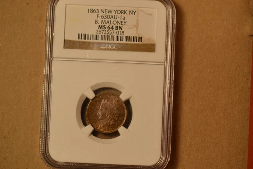 1863 Civil War Token- B. Maloney, New York, NY- NGC MS64 BN. Fuld-NY630AU-1a