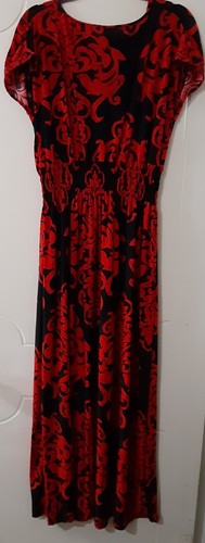 Ace Fashion Maxi Dress Red Black Shirred Elastic Waist Size Large - Picture 2 of 5