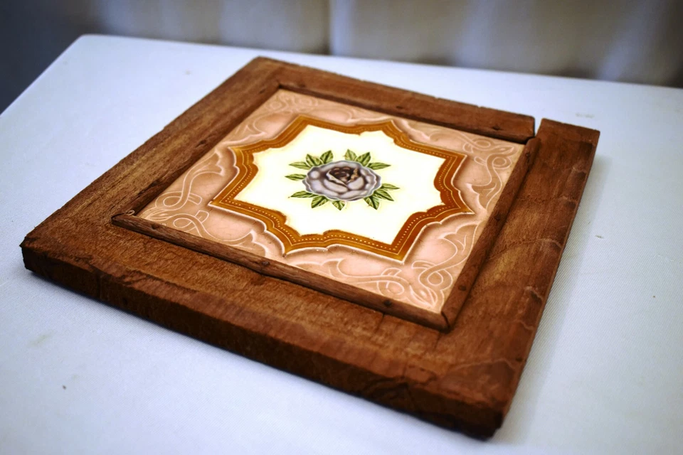 Vintage Japan Saji Tile Porcelain Ceramic Purple Rose With Wooden Frame Rare"907 - image 3 of 4