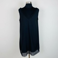 Leith Dress Womens Solid Black V-Neck Lace Accent Sleeveless Shift Dress M