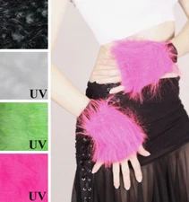 Neon Pink Fur Gloves Black Wristbands Fuzzy Arm Cuffs Animal Halloween Costume
