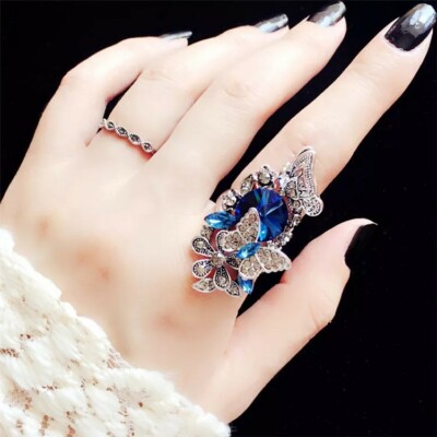 Bague Papillon Avec Pierre CZ Bleue - Plaquée Rhodium, Taille 7, élégante Et Classique