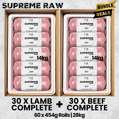 SUPREME RAW FROZEN DOG FOOD BEEF COMPLETE + LAMB COMPLETE 28KG COMBO BOX OFFER