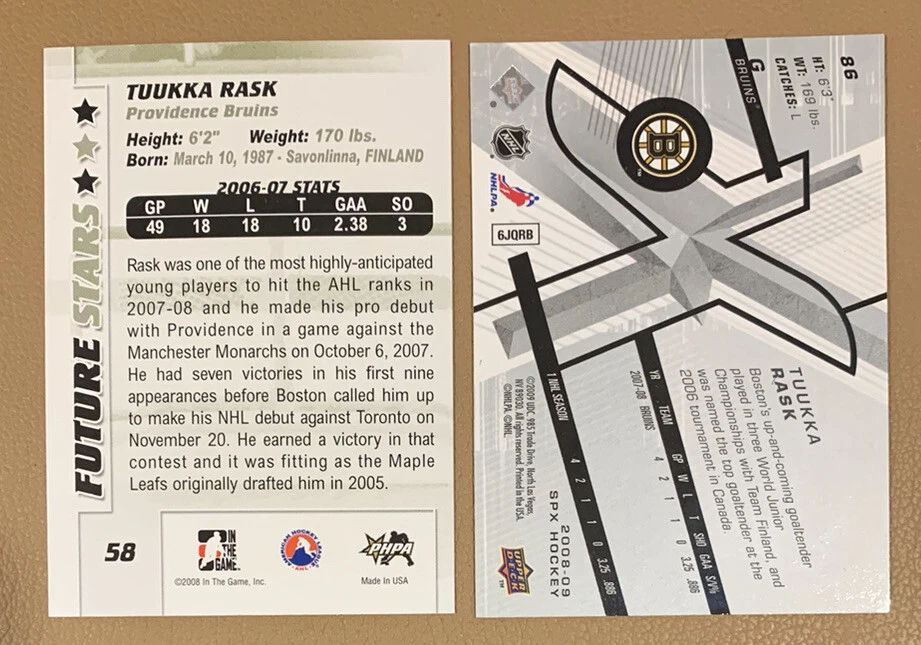 TUUKKA RASK Future Stars  2008 ITG #58 & SPX 2008-09 #86 Hockey Cards - Image 2 of 2