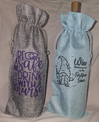 Reusable Wine bags that come in sorted colors for any occasion. Sorted designs.