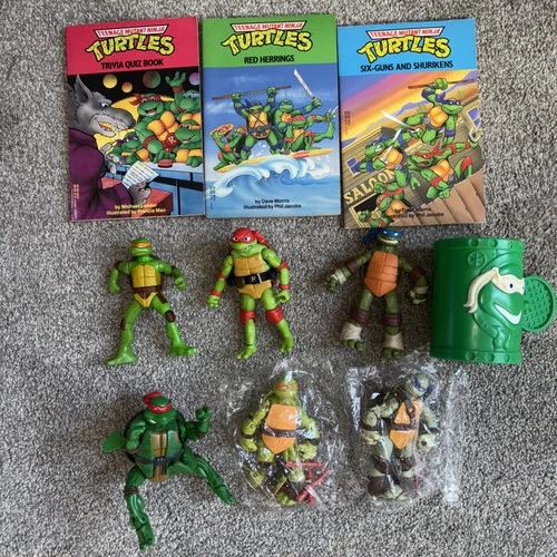 Mixed Lot Of Teenage Mutant Ninja Turtles - 6 Figures, 3 Books, & VTG Cup